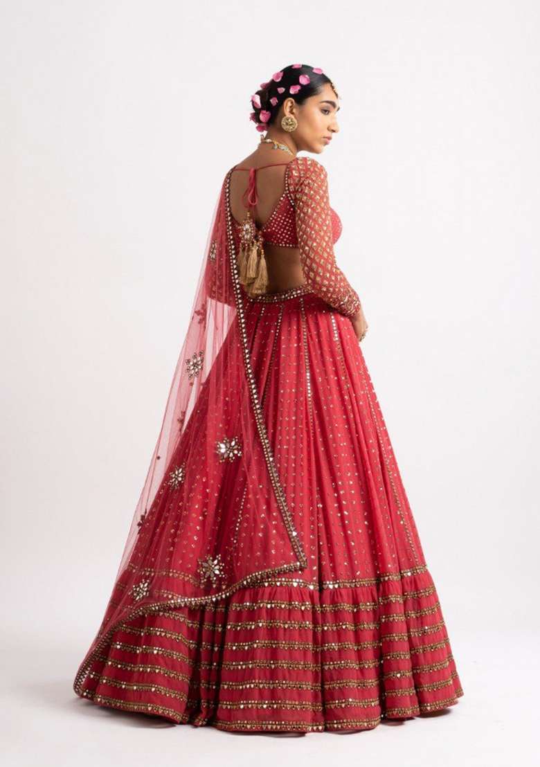 Red Embroidered Georgette Lehenga Set for Diwali and Festive Wear - Indya