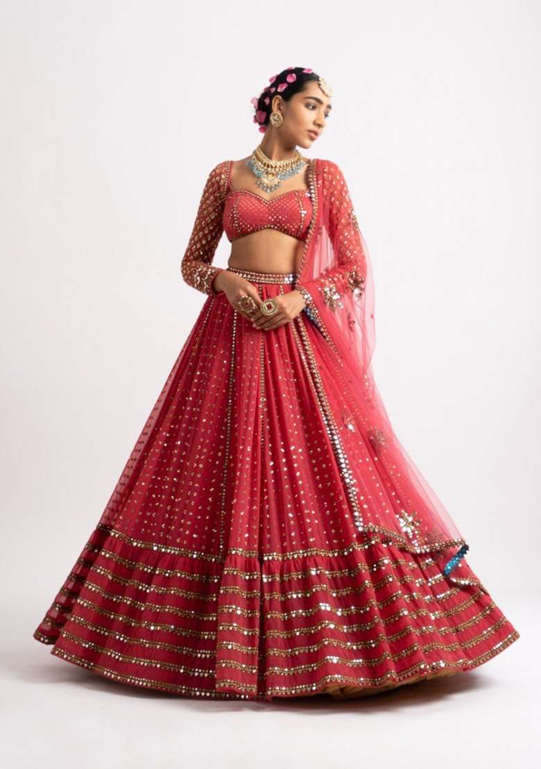 Red Embroidered Georgette Lehenga Set for Diwali and Festive Wear - Indya