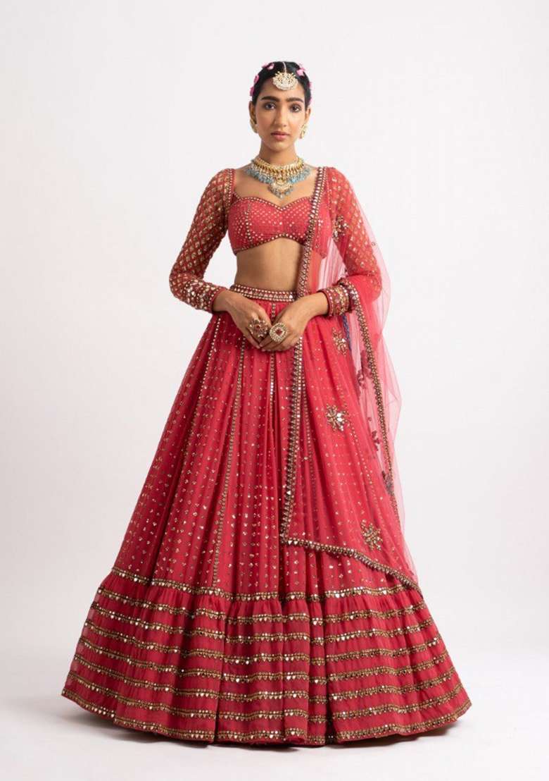 Red Embroidered Georgette Lehenga Set for Diwali and Festive Wear - Indya