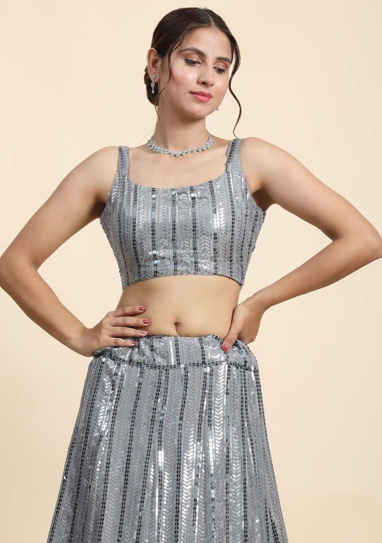 Grey Embroidered Georgette Lehenga Set for Diwali and Festive Wear - Indya