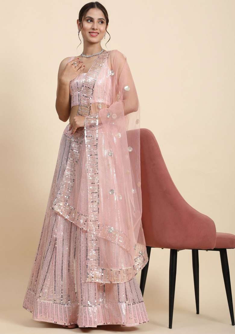 Pink Georgette Lehenga Set with Embroidered for Diwali | Wedding & Festive Wear - Indya