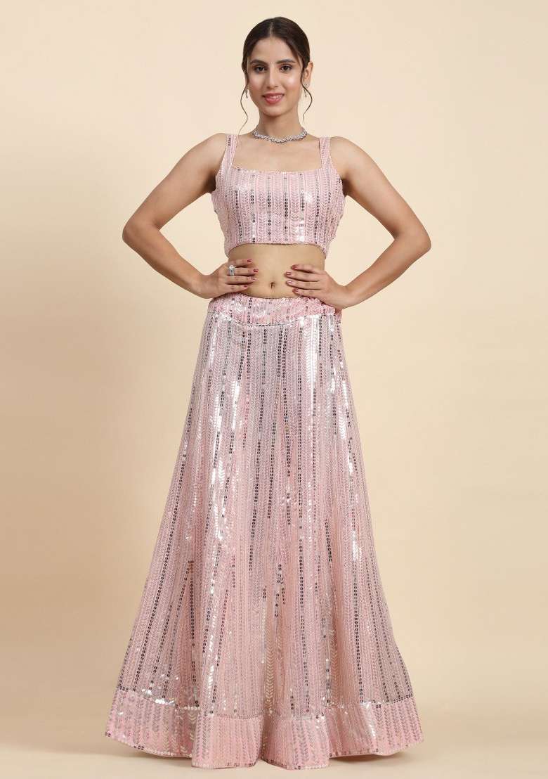 Pink Georgette Lehenga Set with Embroidered for Diwali | Wedding & Festive Wear - Indya