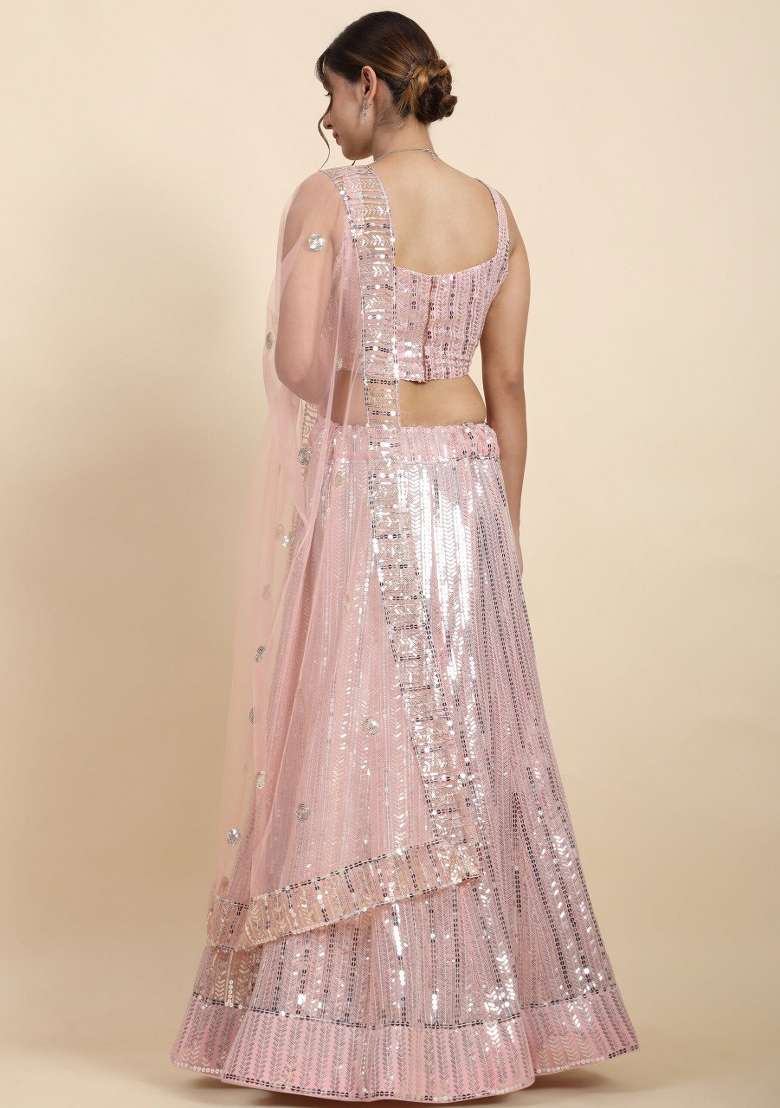 Pink Georgette Lehenga Set with Embroidered for Diwali | Wedding & Festive Wear - Indya