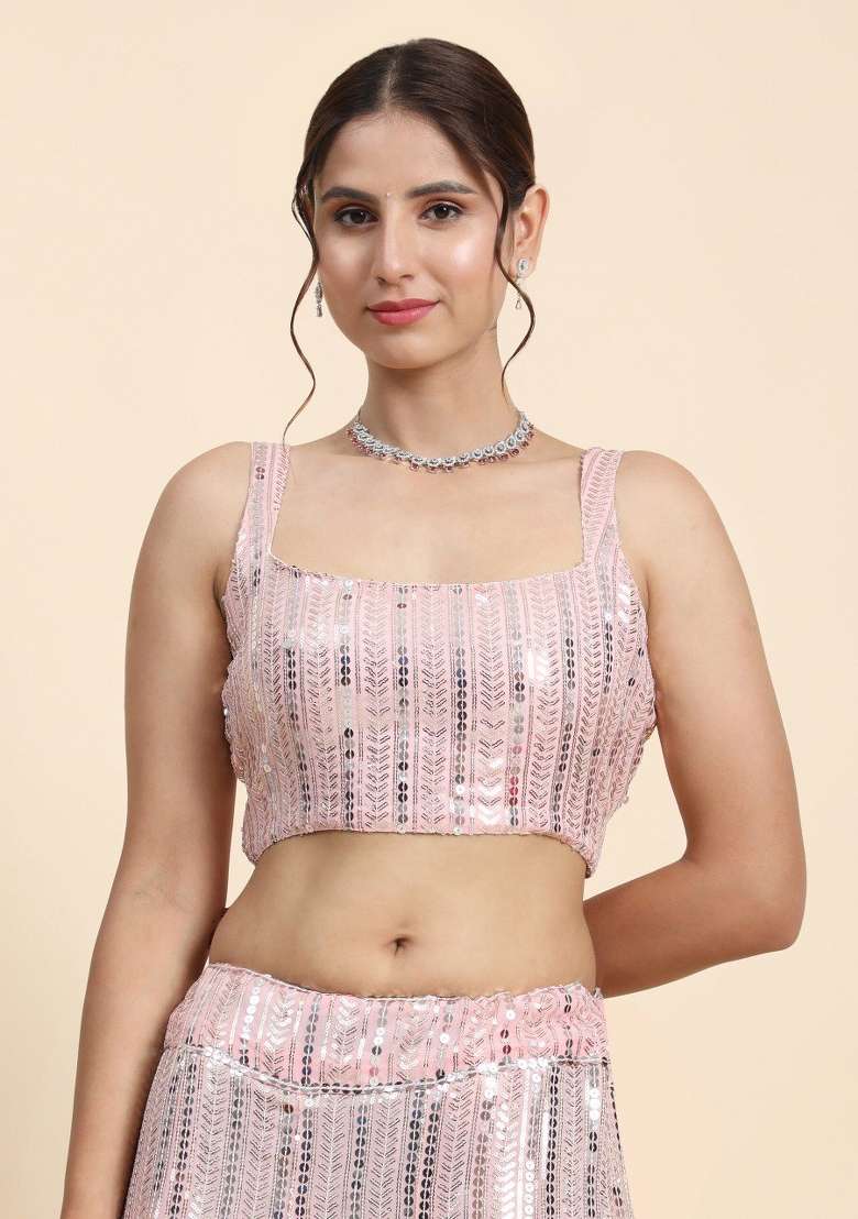 Pink Georgette Lehenga Set with Embroidered for Diwali | Wedding & Festive Wear - Indya