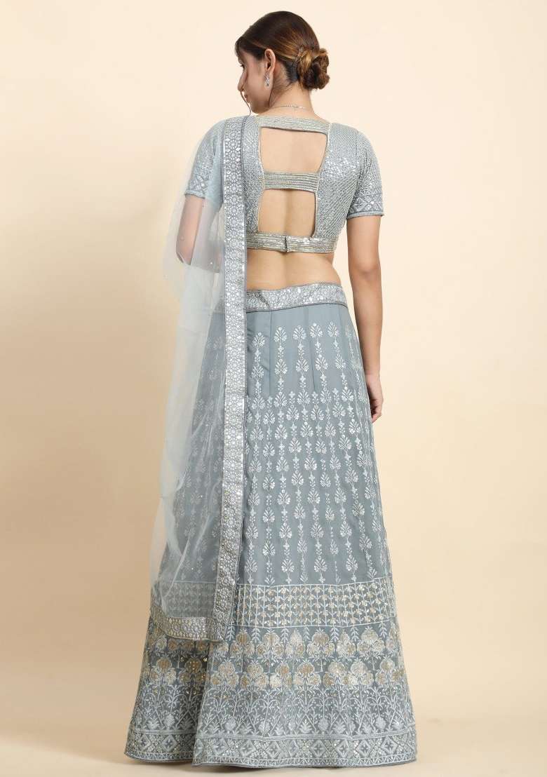 Grey Georgette Lehenga Set with Embroidered for Diwali | Wedding & Festive Wear - Indya