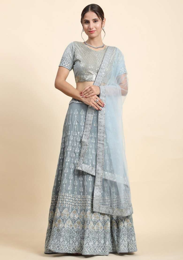 Grey Georgette Lehenga Set with Embroidered for Diwali | Wedding & Festive Wear - Indya