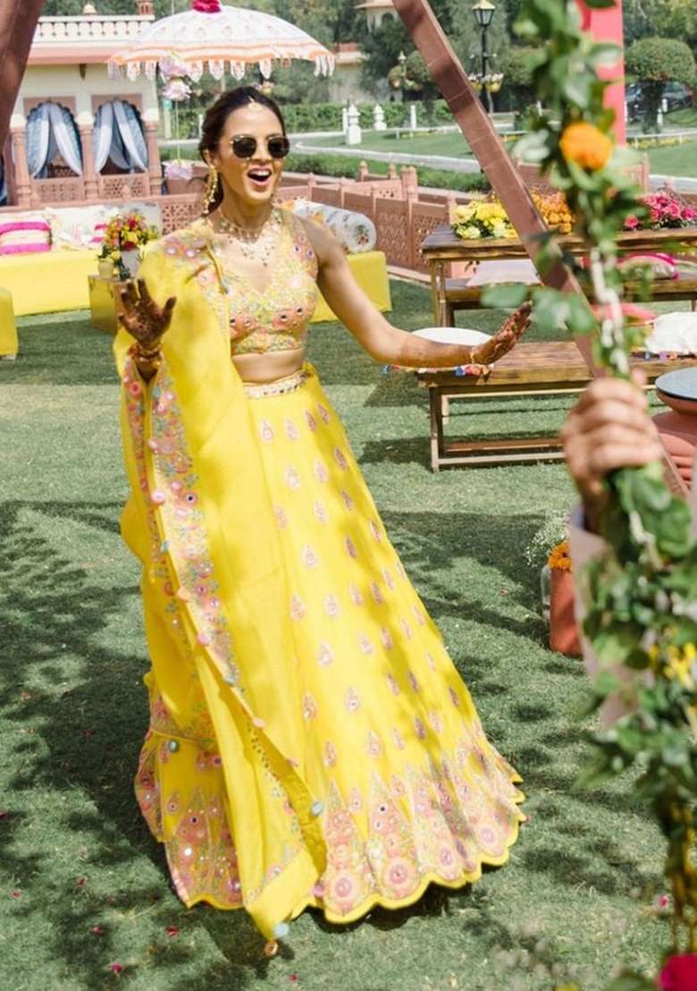 Yellow Georgette Lehenga Set with Embroidered for Diwali | Wedding & Festive Wear - Indya
