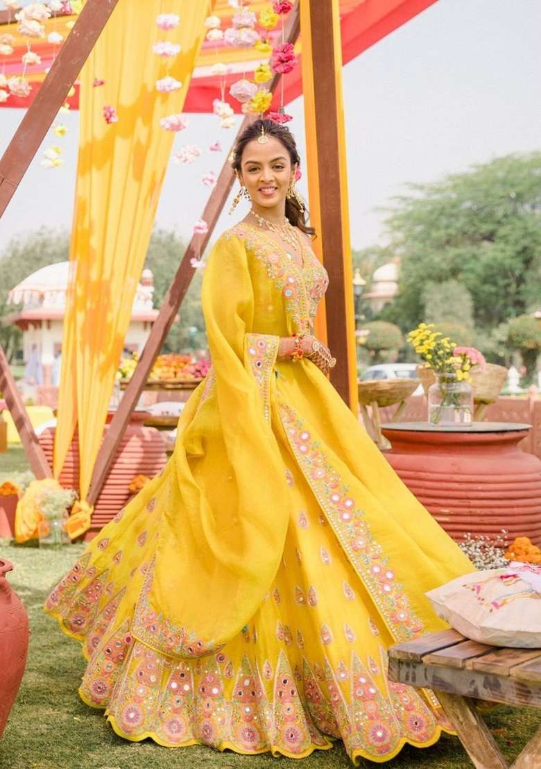 Yellow Georgette Lehenga Set with Embroidered for Diwali | Wedding & Festive Wear - Indya
