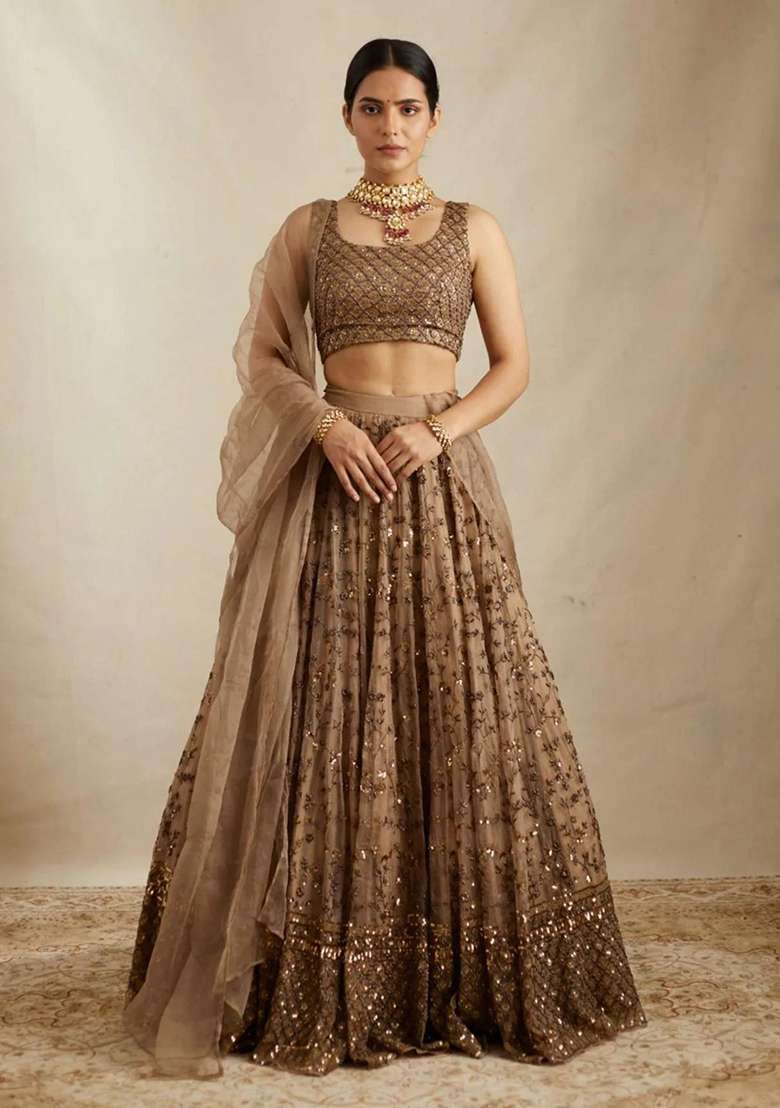 Brown Crepe Lehenga Set with Embroidered for Diwali | Wedding & Festive Wear - Indya