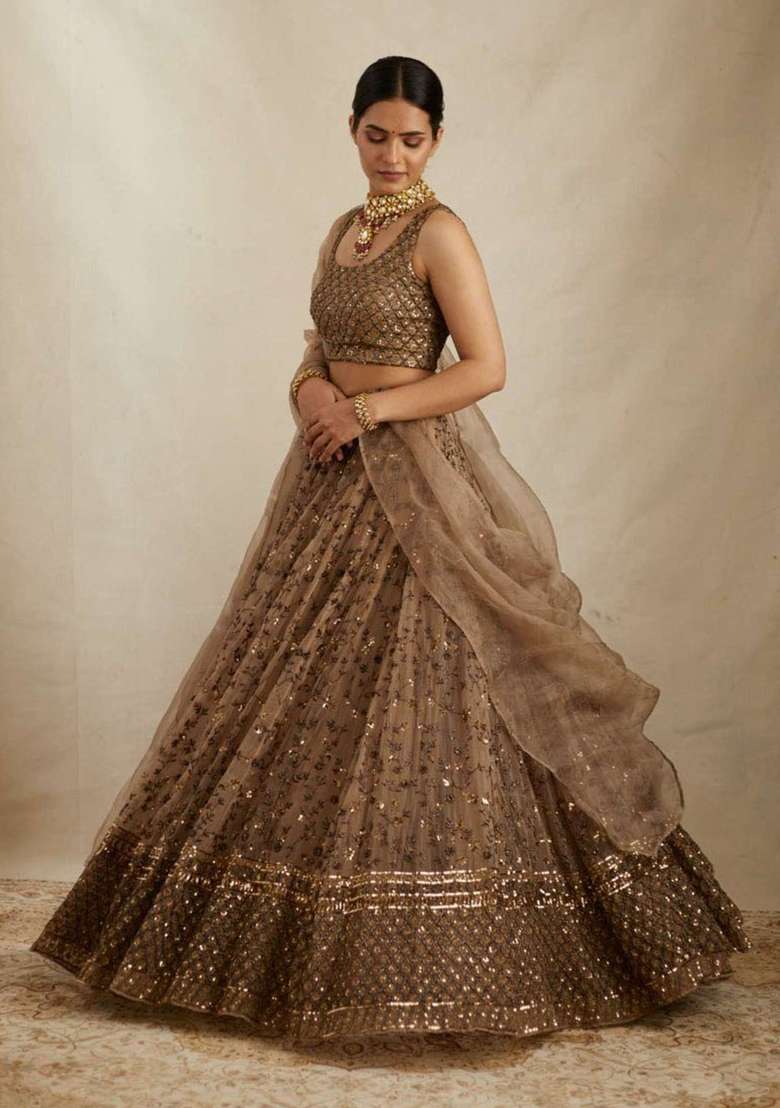 Brown Crepe Lehenga Set with Embroidered for Diwali | Wedding & Festive Wear - Indya
