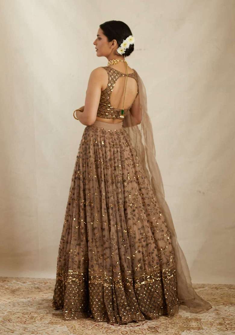 Brown Crepe Lehenga Set with Embroidered for Diwali | Wedding & Festive Wear - Indya