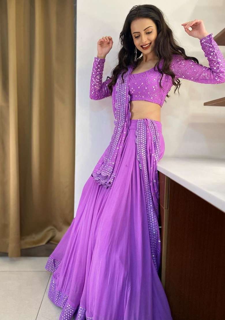 Lavender Embroidered Georgette Lehenga Set for Diwali and Festive Wear - Indya
