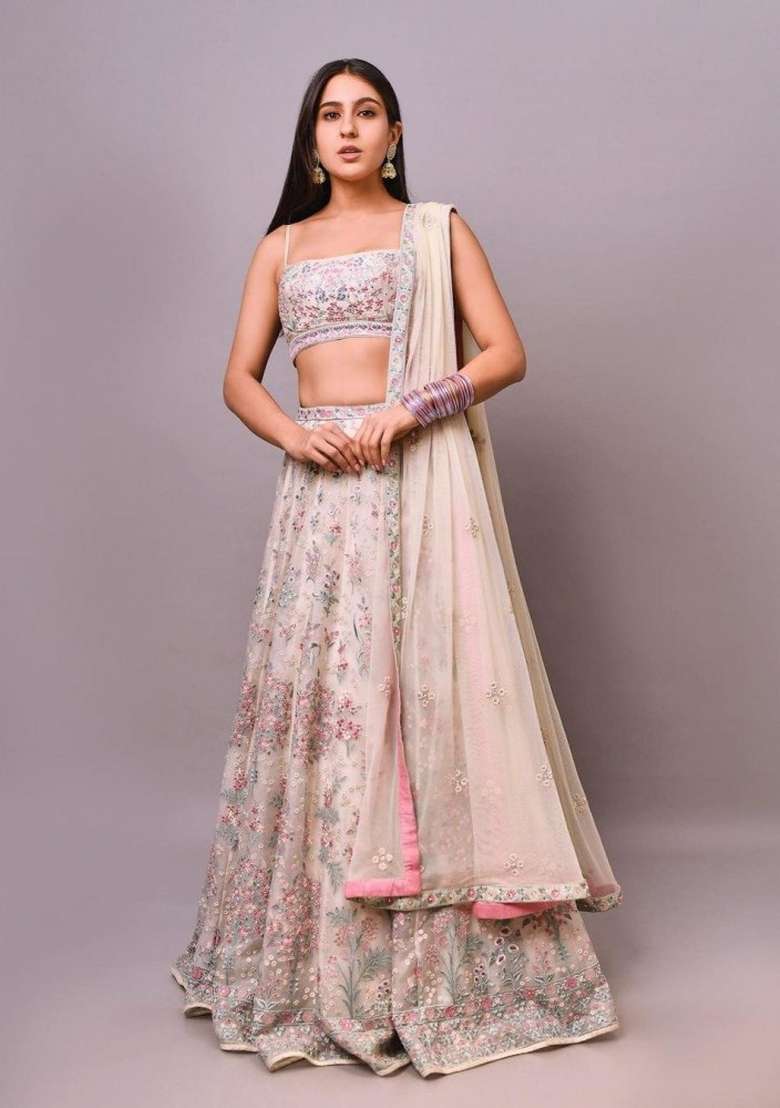 Cream Embroidered Georgette Lehenga Set for Diwali and Festive Wear - Indya