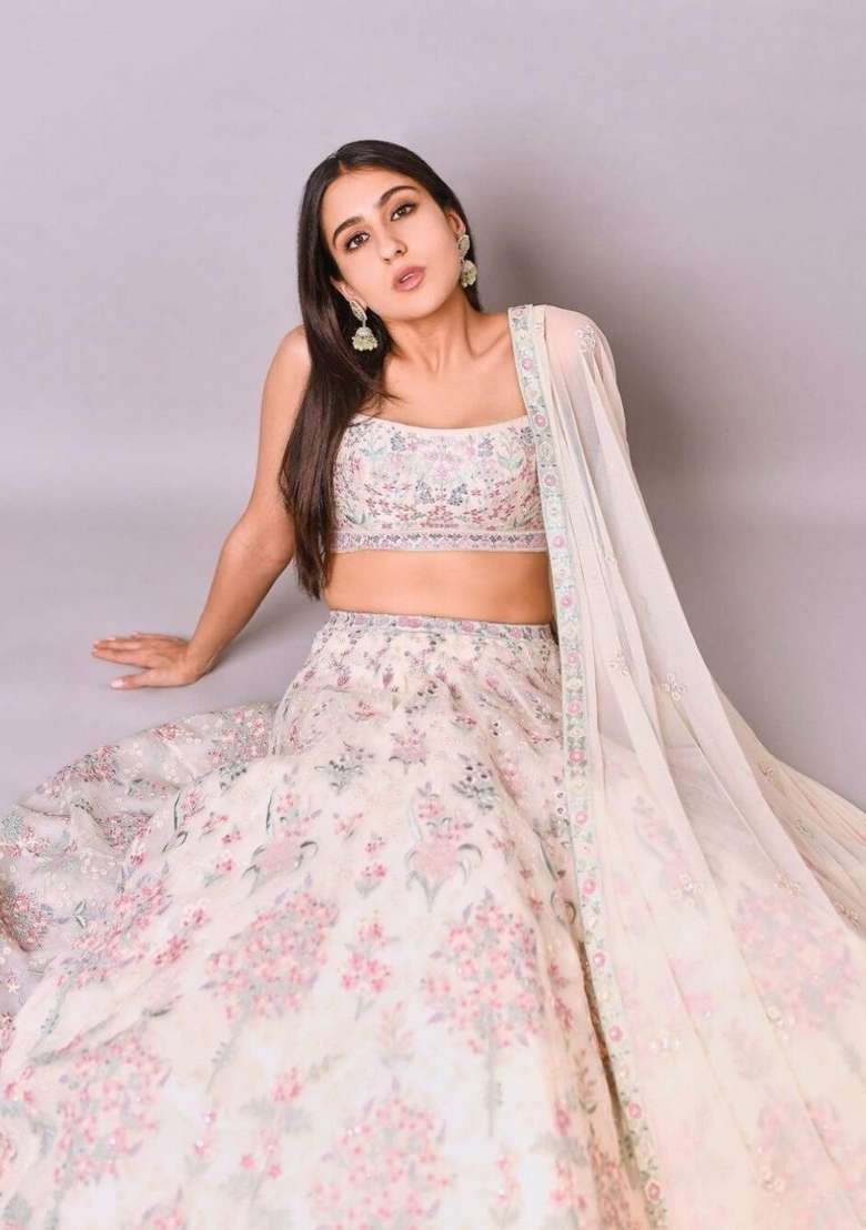 Cream Embroidered Georgette Lehenga Set for Diwali and Festive Wear - Indya