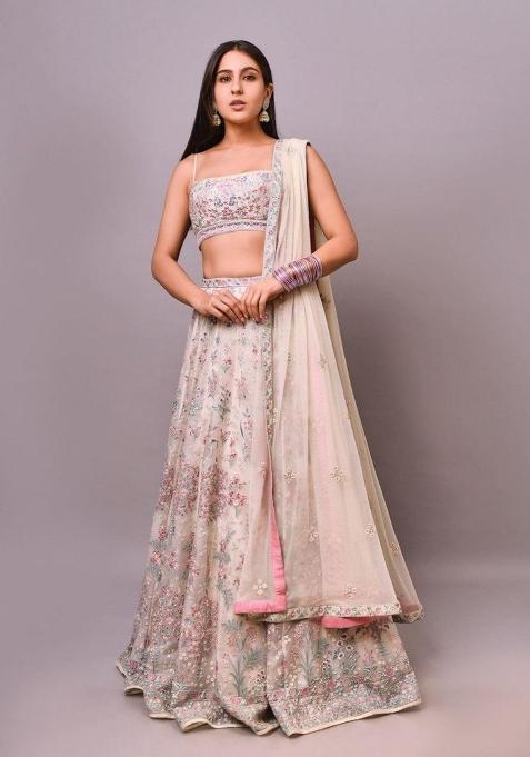Cream Embroidered Georgette Lehenga Set