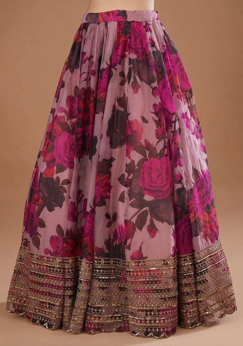 Metalic Pink Georgette Lehenga Set with Embroidered for Diwali | Wedding & Festive Wear - Indya