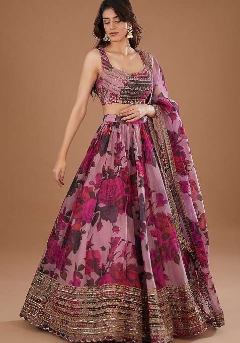 Metalic Pink Georgette Lehenga Set with Embroidered for Diwali | Wedding & Festive Wear
