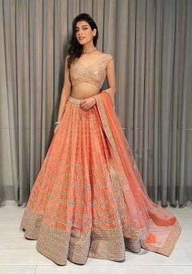 Orange Embroidered Silk Lehenga Set