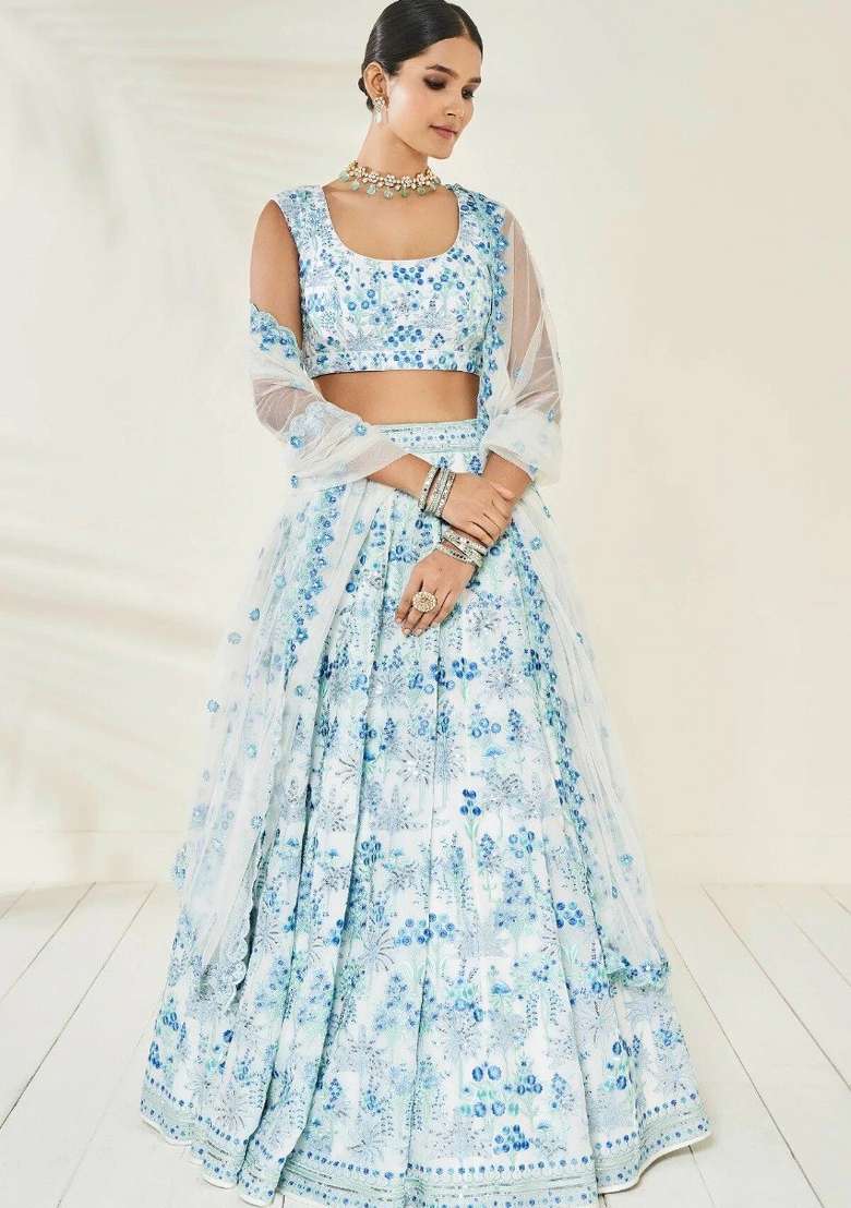 Multicolor Embroidered Georgette Lehenga Set for Diwali and Festive Wear - Indya