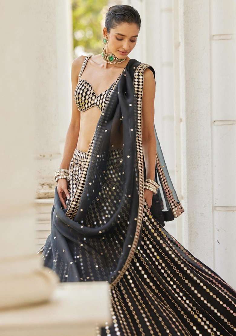 Black Embroidered Silk Lehenga Set - Indya