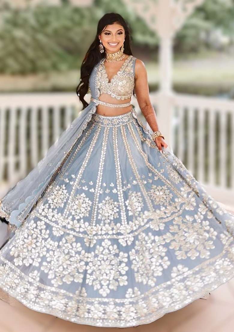 Grey Embroidered Net Lehenga Set - Indya