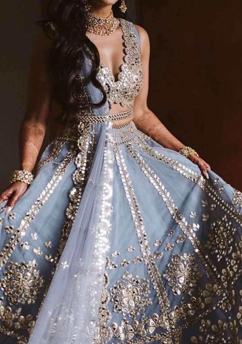 Grey Embroidered Net Lehenga Set - Indya