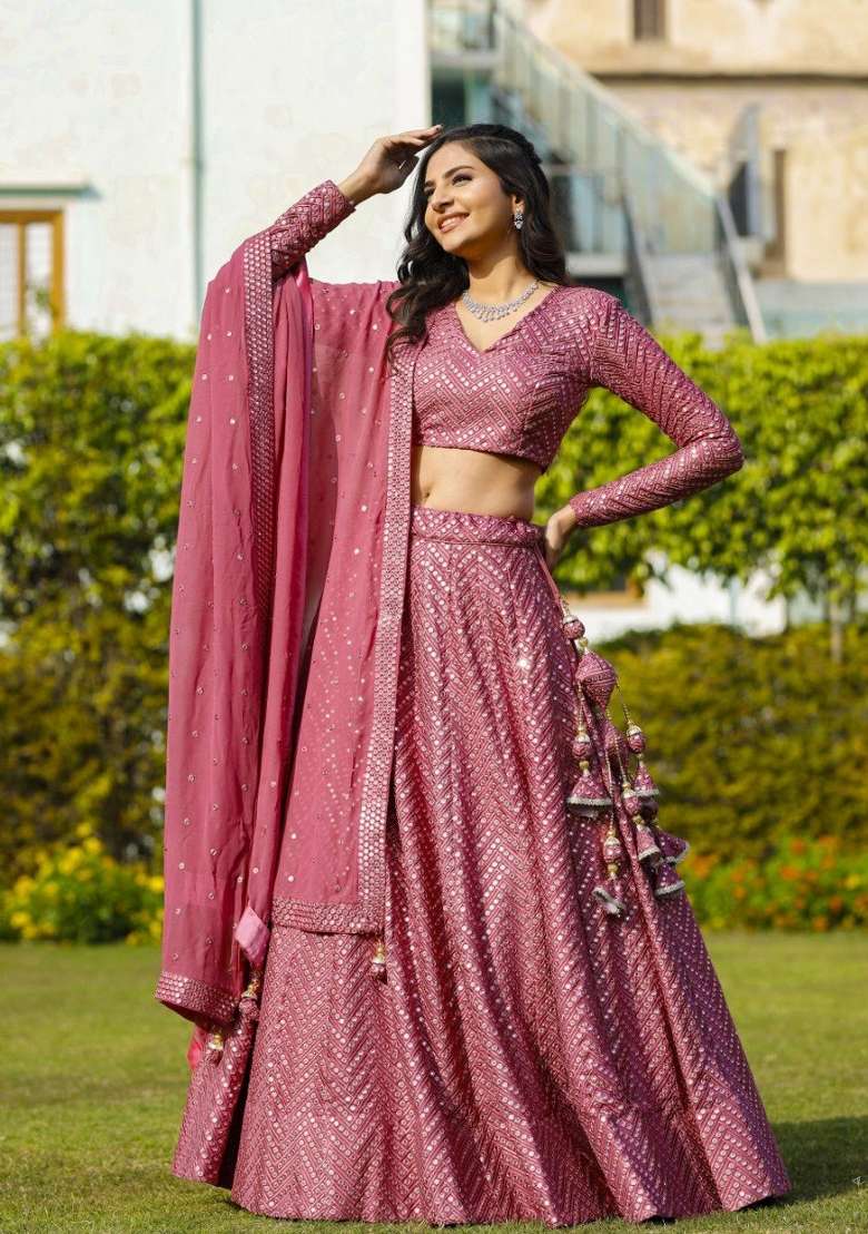 Metalic Pink Embroidered Georgette Lehenga Set - Indya