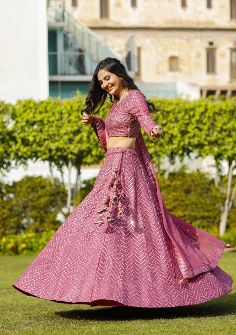 Metalic Pink Embroidered Georgette Lehenga Set - Indya