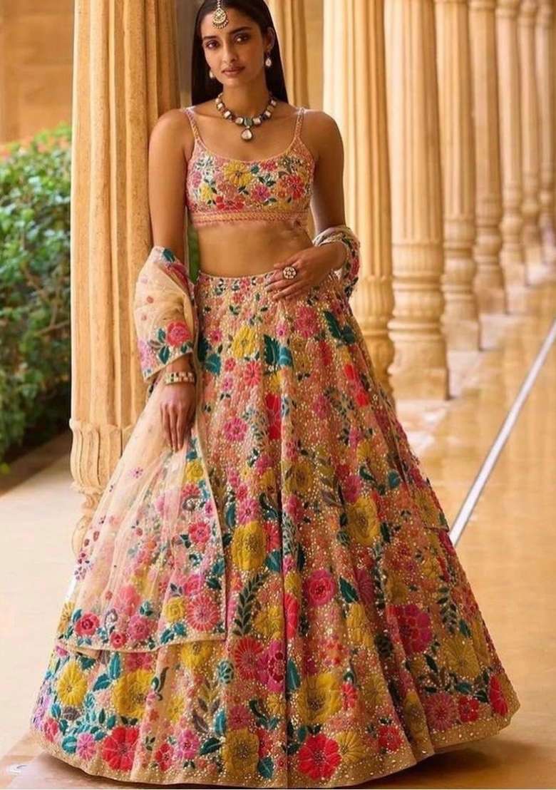 Multicolor Embroidered Georgette Lehenga Set - Indya