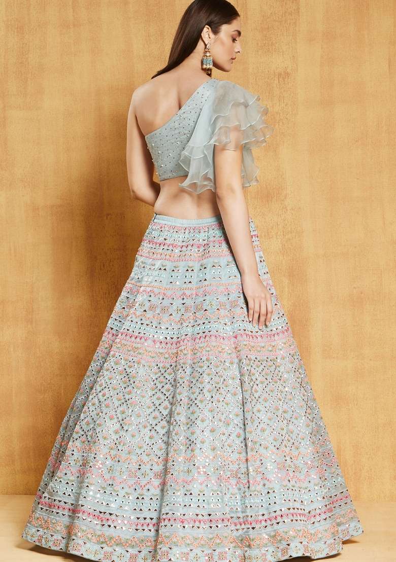 Sea Green Embroidered Organza Lehenga Set - Indya
