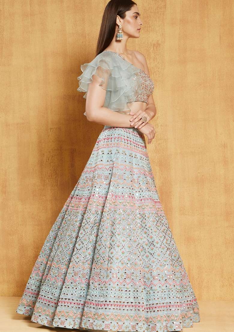 Sea Green Embroidered Organza Lehenga Set - Indya
