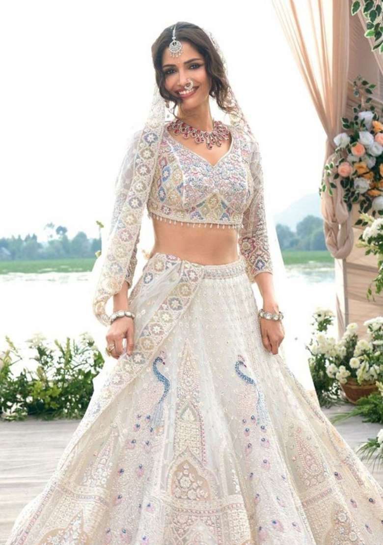 White Embroidered Net Lehenga Set - Indya