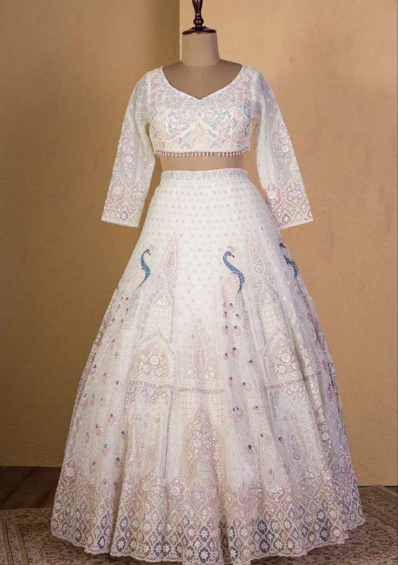 White Embroidered Net Lehenga Set - Indya