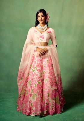 Peach Printed Silk Lehenga Set