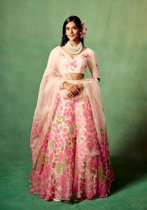 Peach Printed Silk Lehenga Set