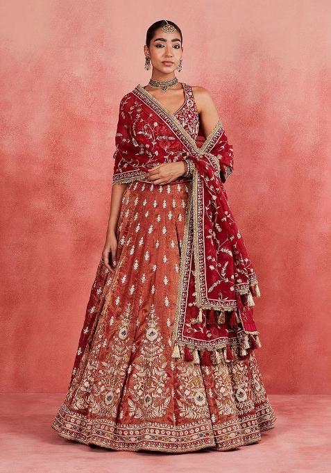 Orange Embroidered Silk Lehenga Set