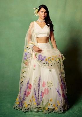 White Printed Silk Lehenga Set