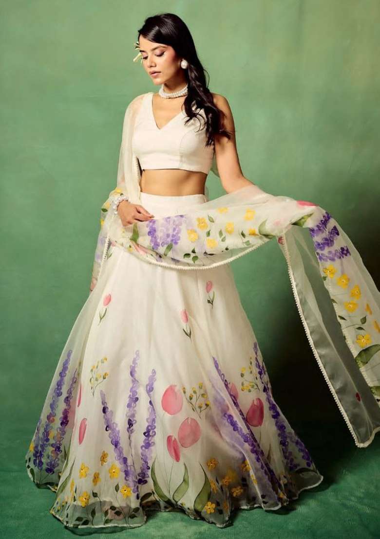 White Printed Silk Lehenga Set for Diwali and Festive Wear - Indya