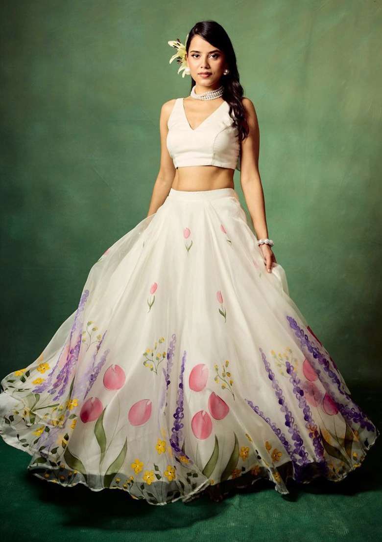 White Printed Silk Lehenga Set for Diwali and Festive Wear - Indya