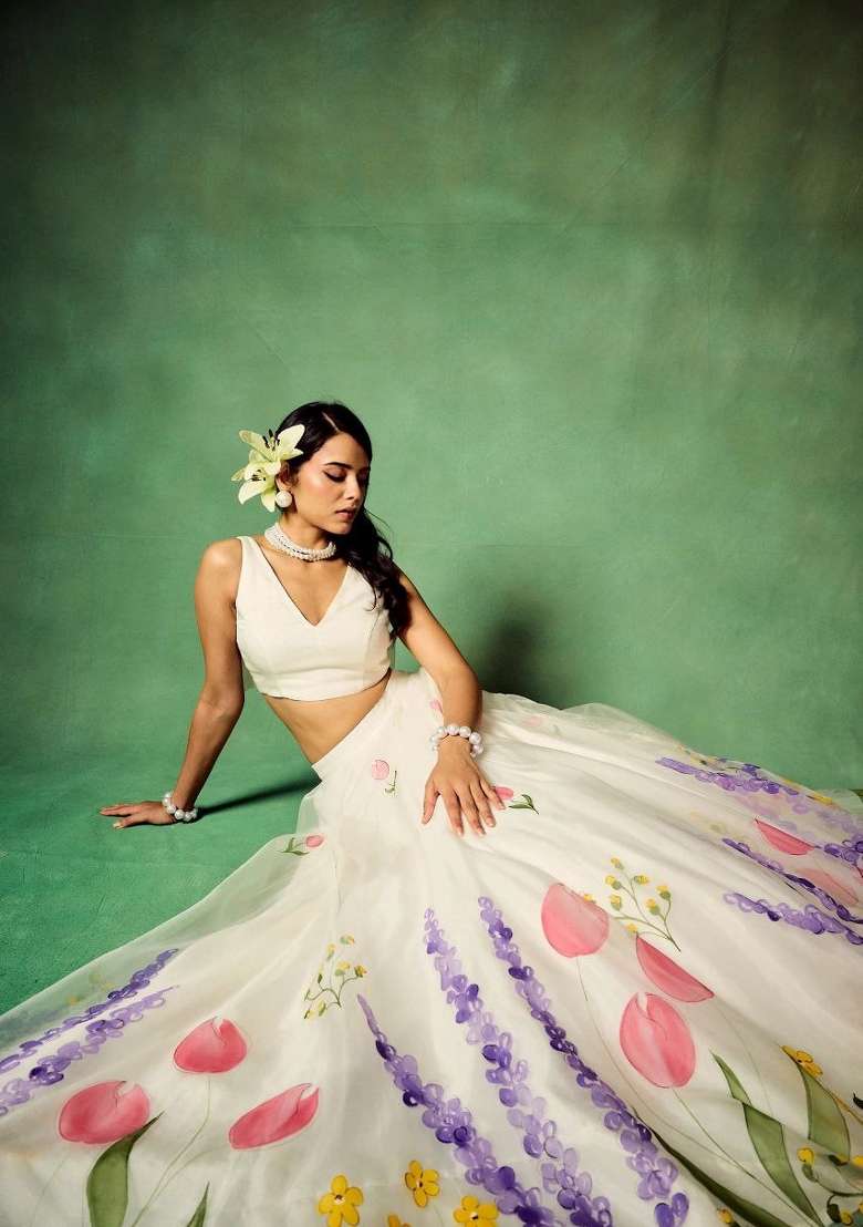 White Printed Silk Lehenga Set for Diwali and Festive Wear - Indya