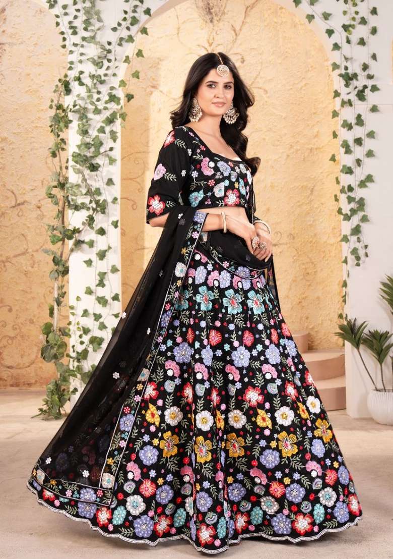 Black Embroidered Georgette Lehenga Set for Diwali and Festive Wear - Indya