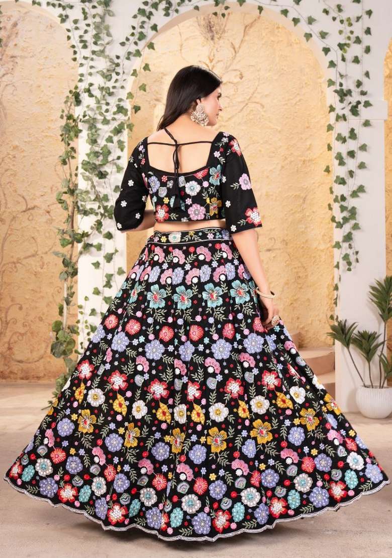 Black Embroidered Georgette Lehenga Set for Diwali and Festive Wear - Indya