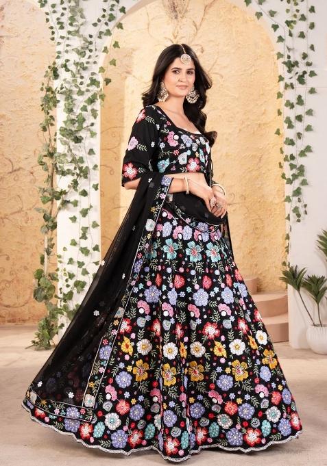 Black Embroidered Georgette Lehenga Set