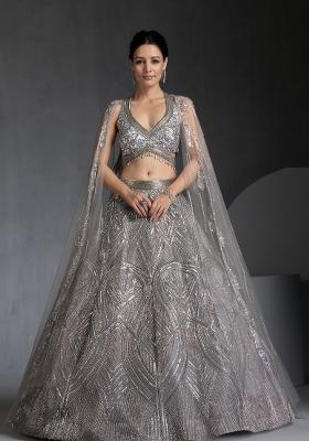 Grey Embroidered Georgette Lehenga Set