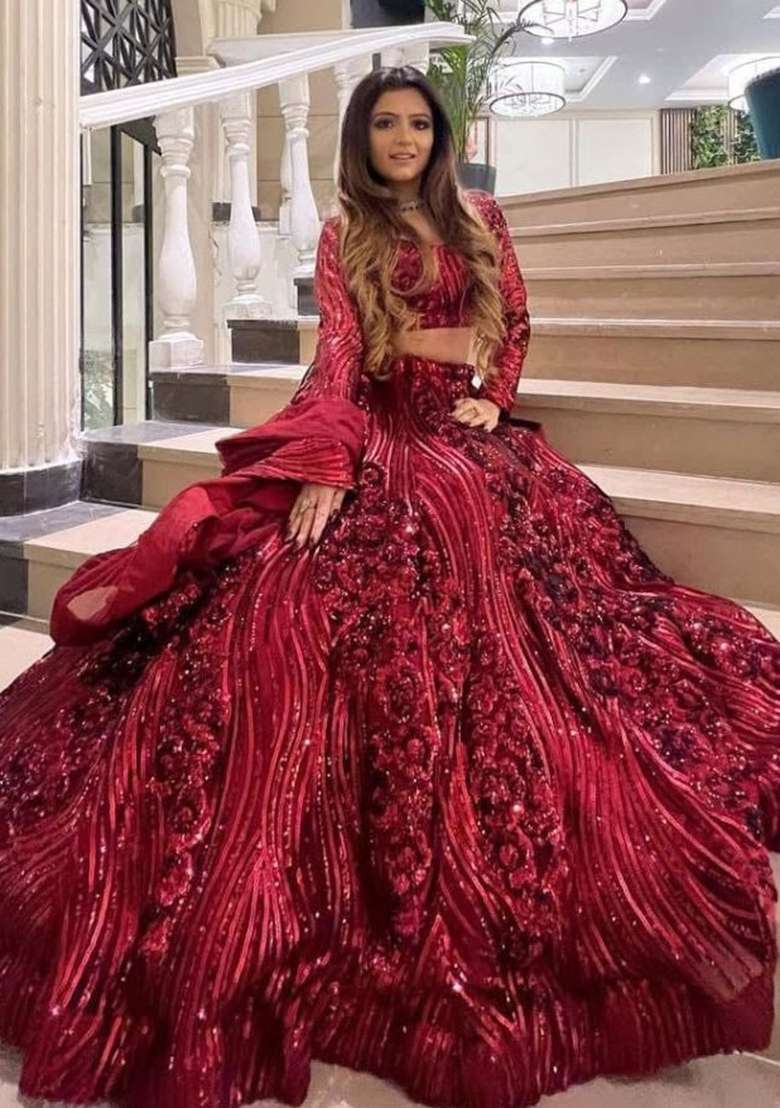 Maroon Work Net Lehenga Set with Sequin for Diwali | Wedding & Festive Wear - Indya