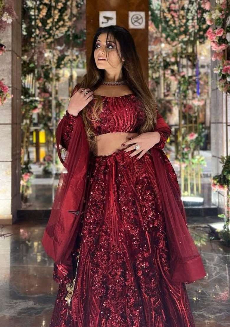 Maroon Work Net Lehenga Set with Sequin for Diwali | Wedding & Festive Wear - Indya