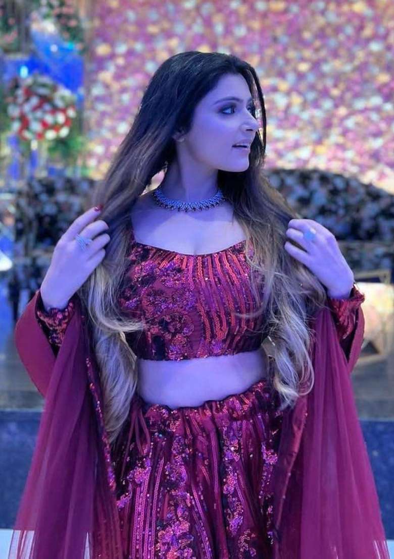 Maroon Work Net Lehenga Set with Sequin for Diwali | Wedding & Festive Wear - Indya