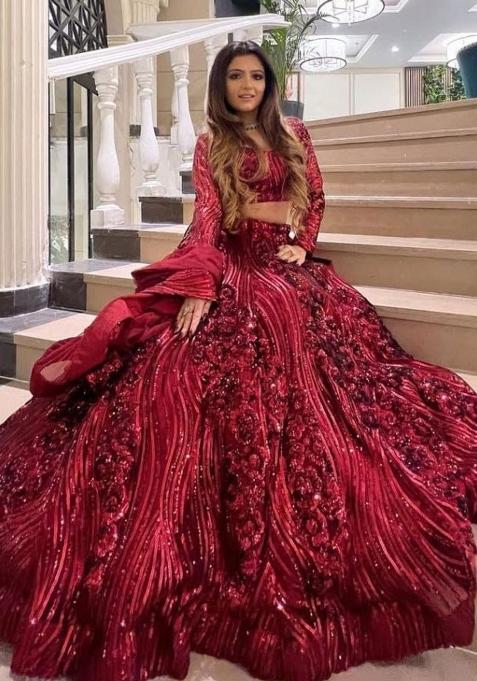 Maroon Sequin Work Net Lehenga Set