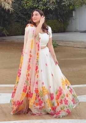 White Printed Silk Lehenga Set