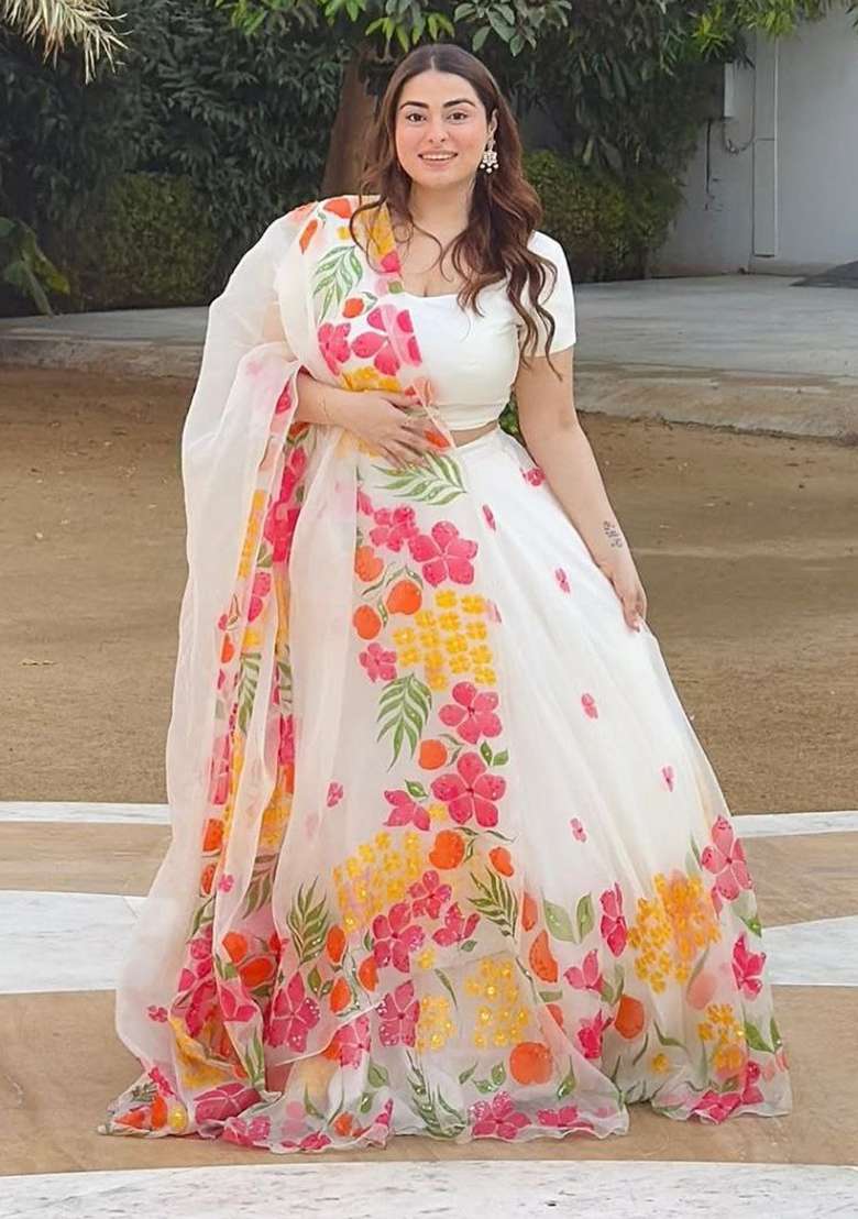 White Silk Lehenga Set with Printed for Diwali | Wedding & Festive Wear - Indya